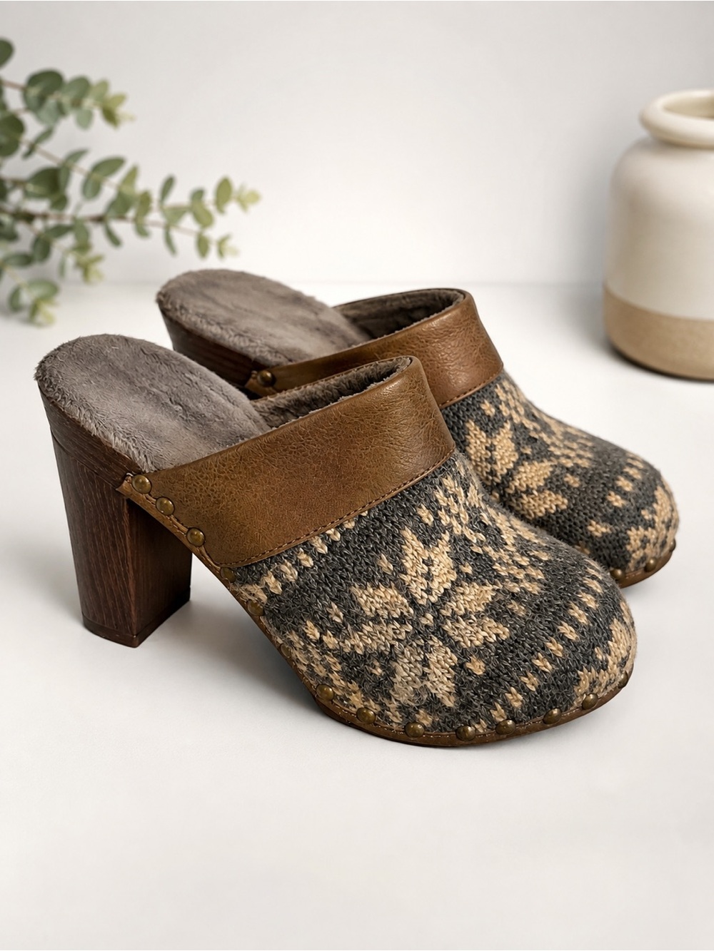 Muk Luks Kameryn Clog Mules Fair Isle Knit Studded Heels